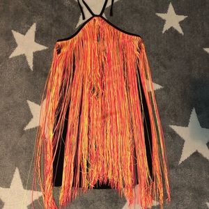 Black Fitted Halter Dress with Neon Fringe